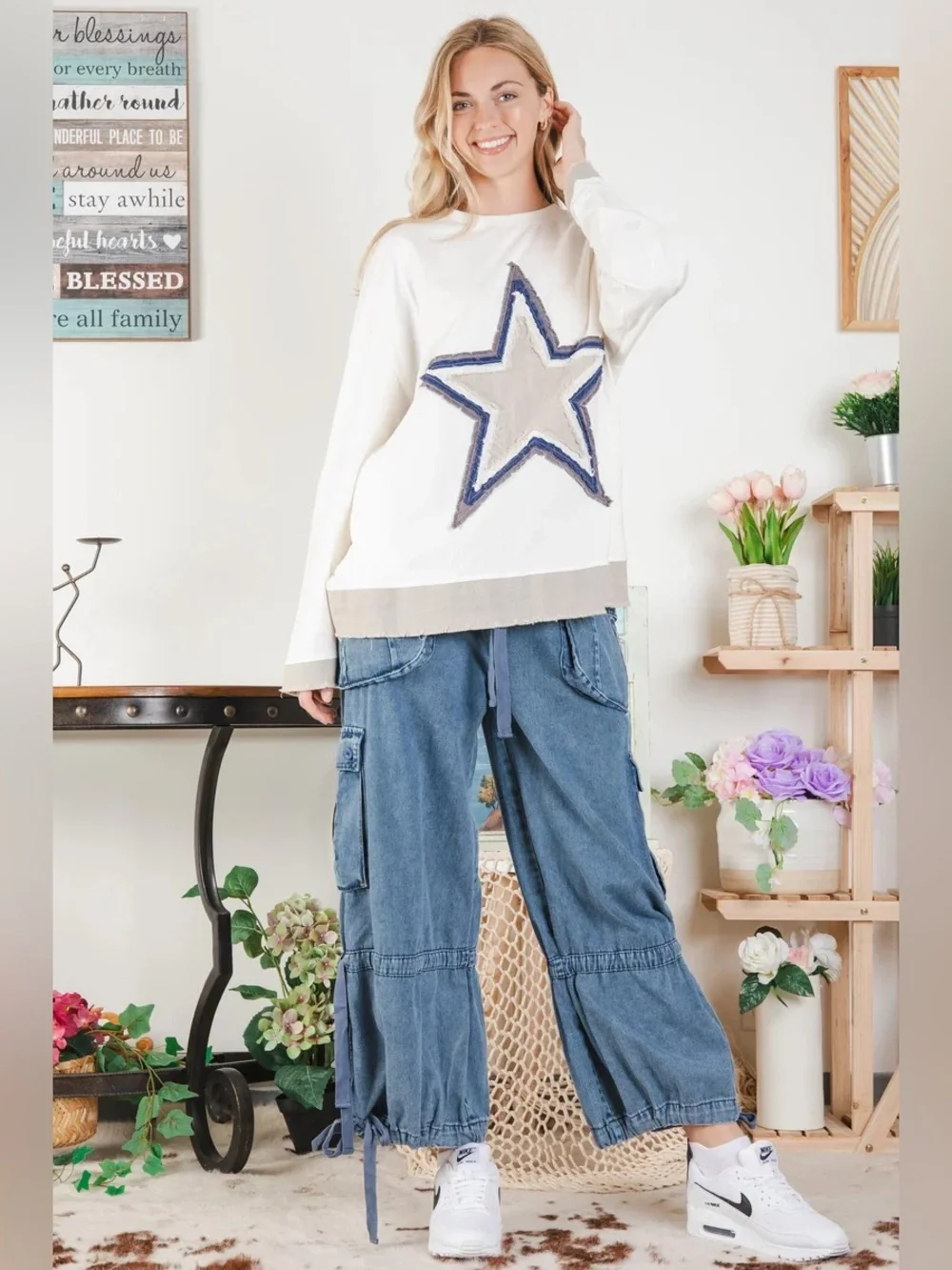 Blue Velvet Distressed Star Patch Long Sleeve Tee, Natural, Size L/XL - Picture 4 of 4